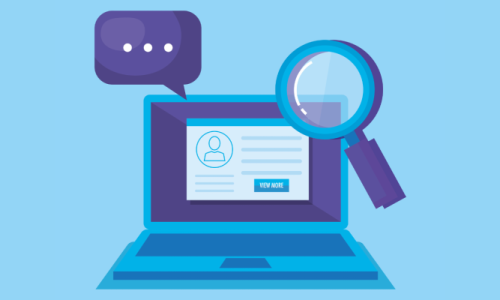 Portátil con una lupa y en la pantalla el registro de un cliente, mostrando investigación