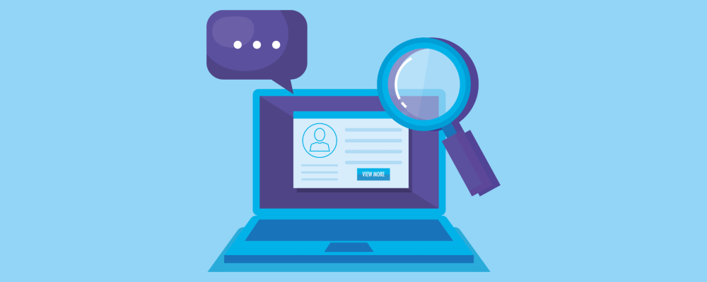 Portátil con una lupa y en la pantalla el registro de un cliente, mostrando investigación