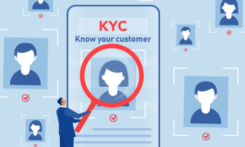 KYC o "Conozca a su Cliente" con una empresa que verifica la identidad de sus clientes - concepto para futuros socios a través de una lupa ilustrada en vector