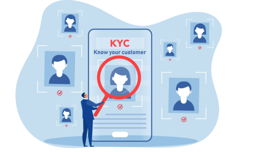 KYC ou "conheça o seu cliente" com uma empresa que verifica a identidade dos seus clientes - conceito para os futuros parceiros através de uma lupa ilustrada em vetor