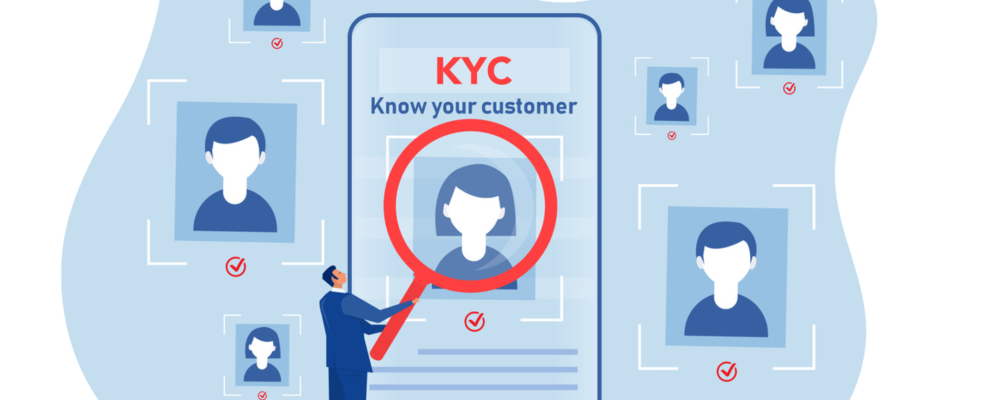 KYC ou "conheça o seu cliente" com uma empresa que verifica a identidade dos seus clientes - conceito para os futuros parceiros através de uma lupa ilustrada em vetor